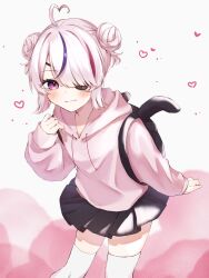 1girl ahoge animal_bag backpack bag blush closed_mouth double_bun eyepatch hair_bun heart heart_ahoge highres hood hoodie looking_at_viewer loving_aura maria_marionette nijisanji nijisanji_en nnnuts2 pink_eyes pink_hair pink_hoodie pleated_skirt rabbit_bag short_hair skirt solo thighhighs virtual_youtuber white_thighhighs