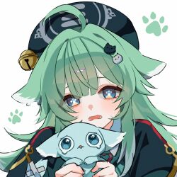 1girl ahoge animal bell beret blue_eyes blue_hat fox green_hair hat holding holding_animal honkai:_star_rail honkai_(series) huohuo_(honkai:_star_rail) jingle_bell om_rm1101 paw_print upper_body