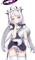 Rule 34 | 1girl, alternate costume, animal ear fluff, animal ear legwear, animal ears, apron, aspid r, bell, black halo, blue archive, blue bow, blue panties, blush, bow, buttons, cat ear legwear, cat ear thighhighs, cat ears, cat thighhighs, character name, cosplay, cowboy shot, gold bell, grey hair, hair ribbon, halo, heart, heart button, highres, hina (blue archive), long hair, looking at viewer, low twintails, maid, maid apron, maid headdress, name tag, neck bell, nekopara, panties, pink eyes, ribbon, slit pupils, socks, solo, solo focus, thighhighs, twintails, underwear, upskirt, vanilla (nekopara), vanilla (nekopara) (cosplay), vanilla (sayori) (cosplay), very long hair, white background, white ribbon, white socks, white thighhighs, wrist cuffs