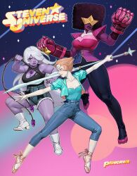 3girls adelheid_(moschiola) afro amethyst_(steven_universe) ballet_slippers black_hair black_shirt blue_jacket boots breasts capri_pants chest_jewel colored_skin copyright_name dark_skin en_pointe forehead_jewel full_body garnet_(steven_universe) gauntlets gem hair_over_one_eye high-waist_pants high-waist_shorts highres jacket large_breasts lips long_hair looking_at_viewer multiple_girls muscular muscular_female pale_skin pants pearl_(steven_universe) plump pointy_nose polearm purple_gemstone purple_skin purple_skirt shirt short_hair shorts skin_tight skirt sleeveless sleeveless_shirt steven_universe sunglasses thick_thighs thighs very_long_hair weapon whip white_boots white_hair