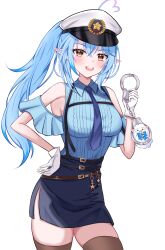 1girl ahoge alternate_costume arlonn black_skirt black_thighhighs blue_hair blue_necktie breasts collared_shirt cosplay cuffs elf gloves hand_on_own_hip handcuffs hat heart heart_ahoge highres holding holding_handcuffs hololive large_breasts long_hair looking_at_viewer multicolored_hair necktie oozora_subaru oozora_subaru_(cosplay) oozora_subaru_(police) open_mouth pointy_ears police_hat ponytail shirt skirt smile solo streaked_hair suspender_skirt suspenders thighhighs upper_body virtual_youtuber white_gloves white_hat yellow_eyes yukihana_lamy