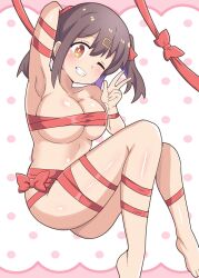 1girl arm_up armpits artist_request blush breasts brown_eyes brown_hair female_focus large_breasts looking_at_viewer naked_ribbon one_eye_closed onii-chan_wa_oshimai! oyama_mihari ribbon smile solo v