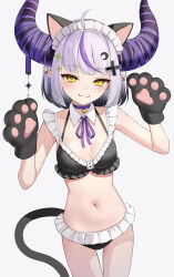 1girl :3 absurdres ahoge animal_ear_fluff animal_ears animal_hands bell bikini black_bikini black_hair black_horns blunt_bangs breasts cat_ears cat_girl choker closed_mouth commentary commission cowboy_shot crescent crescent_hair_ornament cross_hair_ornament demon_horns detached_collar earrings frilled_bikini frills gloves gradient_hair grey_hair hair_ornament hand_up highres hololive horn_ornament horn_ribbon horns jewelry la+_darknesss looking_at_viewer maid_headdress multi-strapped_bikini_top multicolored_hair navel neck_bell neck_ribbon paw_gloves pointy_ears purple_choker purple_hair purple_ribbon ribbon shin_insh short_hair simple_background skeb_commission slit_pupils small_breasts smile solo streaked_hair striped_horns swimsuit tail virtual_youtuber white_background yellow_eyes
