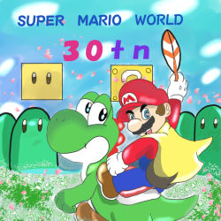 1boy block_(object) blue_eyes blue_sky brown_hair cape cape_mario dinosaur facial_hair feathers gloves hat looking_at_viewer mario mario_(series) mustache nintendo open_mouth plumber riding_dinosaur sitting sky super_mario_world tail yoshi