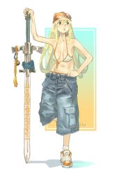 1girl absurdres arm_up bare_arms bare_shoulders bikini blonde_hair blue_shorts breasts commentary denim denim_shorts facing_viewer full_body hair_between_eyes hands_on_own_hips headscarf highres juicet1n leaning long_hair long_sword looking_to_the_side loose_clothes multicolored_bikini orange_bikini orange_eyes orange_headscarf orange_shoes original parted_lips sagging_breasts shoes shorts small_breasts socks solo standing standing_on_one_leg swimsuit two-tone_bikini white_bikini white_socks