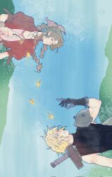 1boy 1girl aerith_gainsborough armor bangle black_gloves blonde_hair blue_eyes blue_sky bracelet braid braided_ponytail breasts brown_hair buster_sword choker cleavage clily027 cloud_strife dress falling_petals final_fantasy final_fantasy_vii final_fantasy_vii_rebirth final_fantasy_vii_remake flower gloves green_eyes hair_between_eyes hair_ribbon highres holding holding_flower jacket jewelry long_hair materia medium_breasts outdoors parted_bangs parted_lips pauldrons petals pink_dress pink_ribbon red_jacket ribbon short_hair shoulder_armor sidelocks single_bare_shoulder single_braid single_pauldron sky sleeveless sleeveless_turtleneck spiked_hair suspenders turtleneck upper_body weapon weapon_on_back yellow_petals