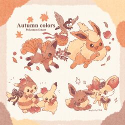 apple autumn autumn_leaves bow brown_eyes eevee fennekin flareon flying food fruit furret gen_1_pokemon gen_2_pokemon gen_4_pokemon gen_6_pokemon highres holding leaf mofucoffee mouth_hold nintendo no_humans open_mouth orange_eyes pikachu pokemon pokemon_(creature) ribbon smile standing starly vulpix wings
