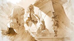 1boy 3girls ancient_greek_clothes armlet bad_link bare_shoulders butterfly_hair_ornament calypso_(honkai:_star_rail) character_request closed_eyes column combat_helmet dress elbow_gloves frills game_cg gauntlets gladiator_sandals gloves greco-roman_clothes hair_ornament hair_ribbon hairband hand_on_own_face helmet highres honkai:_star_rail honkai_(series) jewelry layered_dress leaning_back long_hair looking_at_another monochrome multiple_girls official_art pillar pointy_ears polyxia_(honkai:_star_rail) puffy_short_sleeves puffy_sleeves ribbon sandals sepia shirt short_hair short_sleeves smile stairs tassel tunic very_long_hair