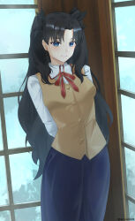 1girl absurdres arms_behind_back black_hair black_skirt blue_eyes closed_mouth fate/stay_night fate_(series) highres homurabara_academy_school_uniform long_hair looking_at_viewer neck_ribbon red_ribbon redsoon ribbon school_uniform shirt skirt smile solo standing tohsaka_rin two_side_up very_long_hair vest white_shirt window yellow_vest