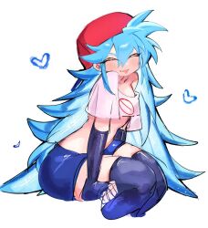 1girl blue_hair blue_shorts blue_thighhighs blush boyfriend_(friday_night_funkin&#039;) closed_eyes crop_top cropped_shirt elbow_gloves fingerless_gloves friday_night_funkin&#039; genderswap genderswap_(mtf) gloves heart long_hair shirt short_shorts shorts simple_background sitting sketch solo thighhighs tongue tongue_out usa37107692 white_background white_shirt