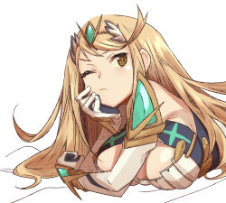 1girl blonde_hair breasts closed_mouth commentary_request eushima_(sgr) highres large_breasts long_hair lying mythra_(xenoblade) on_stomach one_eye_closed simple_background solo swept_bangs tiara white_background xenoblade_chronicles_(series) xenoblade_chronicles_2