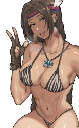 1girl absurdres animal_print bikini braid breasts brown_eyes brown_gloves brown_hair cleavage earrings fingerless_gloves gloves hanny_(uirusu_chan) headdress highres jewelry julia_chang large_breasts leather leather_gloves long_braid long_hair looking_at_viewer namco native_american native_american_headdress navel necklace parted_lips print_bikini revision selfie smile solo strap_gap sweat swimsuit tan tassel tassel_earrings tekken tekken_tag_tournament_2 twin_braids v white_background zebra_print