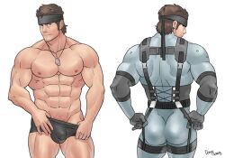 1boy abs artist_name ass bandana bara bare_pectorals beard_stubble biceps black_bandana black_male_underwear bodysuit bulge closed_mouth covered_testicles dog_tags dong_saeng_(gaysomecomics) facial_hair from_behind jewelry looking_at_viewer male_focus male_underwear metal_gear_(series) multiple_views muscular muscular_male navel necklace nipples pectorals pubic_hair signature solid_snake strap stubble third-party_source topless_male underwear white_background
