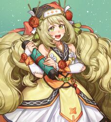 1girl ankle_wrap blonde_hair bow celine_(fire_emblem) celine_(ninja)_(fire_emblem) commission commissioner_upload detached_sleeves fire_emblem fire_emblem_engage fire_emblem_heroes flower green_eyes hair_ornament hair_stick highres hiomaika holding holding_scroll kanzashi long_hair looking_at_viewer ninja nintendo non-web_source obijime official_alternate_costume open_mouth orange_bow orange_flower orange_trim scroll shuriken shuriken_hair_ornament shuriken_print solo tassel tassel_hair_ornament very_long_hair weapon wrist_bow