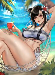 1girl absurdres arialla_draws arm_up ass beach bikini black_hair blue_sky breasts cloud cocktail_glass cup day drinking_glass drinking_straw final_fantasy final_fantasy_vii final_fantasy_vii_rebirth final_fantasy_vii_remake flower hair_flower hair_ornament hammock highres large_breasts ocean outdoors parted_lips red_eyes revision sky solo swimsuit thighs tifa_lockhart tifa_lockhart_(shining_spirit)