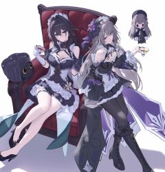 2girls absurdres alternate_costume apron bare_legs bare_shoulders bead_bracelet bead_necklace beads black_boots black_collar black_dress black_pantyhose black_shoes book boots bracelet breasts brown_hair chair cleavage closed_mouth collar commentary_request covered_navel criss-cross_halter critter_pick_(honkai:_star_rail) cup detached_sleeves dna dress earrings enmaided full_body gloves green_eyes hair_between_eyes hair_ornament halterneck headdress herta_(honkai:_star_rail) high_heels highres holding holding_cup honkai:_star_rail honkai_(series) jewelry knee_boots large_breasts legs long_hair looking_at_viewer maid maid_headdress medium_breasts multiple_girls necklace on_chair pantyhose parted_lips purple_eyes ruan_mei_(honkai:_star_rail) sasa_(sasa_ekakiman) shoes simple_background sitting smile teacup the_herta_(honkai:_star_rail) thigh_strap vase very_long_hair waist_apron white_background white_gloves