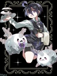 1boy :o ahoge allister_(pokemon) alternate_costume black_background black_hair black_vest collared_shirt commentary_request galarian_corsola galarian_form gen_8_pokemon hair_between_eyes highres holding holding_tray legs_up long_sleeves male_focus mask mole mole_under_mouth nintendo o_o307 open_mouth pokemon pokemon_(creature) pokemon_swsh purple_eyes shirt short_hair shorts sparkle tray unworn_mask vest waiter
