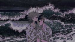 2boys absurdres brown_eyes brown_hair collarbone fishcoooo grey_hair head_on_another&#039;s_shoulder highres ikari_shinji male_focus multiple_boys nagisa_kaworu neon_genesis_evangelion ocean rain red_eyes shirt short_hair undershirt upper_body waves wet wet_clothes white_shirt