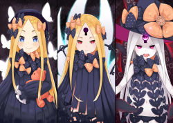 1girl abigail_williams_(fate) abigail_williams_(third_ascension)_(fate) angry atg_(wttoo0202) before_and_after black_bow black_hat black_panties blonde_hair blue_eyes blush bow bug butterfly closed_mouth commentary_request corruption cowboy_shot dark_persona dress expressionless facial_mark fate/grand_order fate_(series) forehead_mark gluteal_fold hair_bow hands_in_opposite_sleeves hat hat_bow insect keyhole long_hair looking_at_viewer multiple_persona multiple_views navel open_mouth orange_bow pale_skin panties parted_bangs possessed possession purple_dress purple_eyes red_eyes revealing_clothes smile standing stuffed_animal stuffed_toy teddy_bear tentacles third_eye underwear very_long_hair white_hair witch_hat yog-sothoth