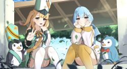 2girls absurdres bird blonde_hair blue_eyes blue_hair bow commission dress globie hat highres hood hoodie indie_virtual_youtuber looking_at_viewer multiple_girls outdoors pengin_pina penguin pippa_pebblesworth pocket prism_project ribbon shirt short_hair sitting skirt thighhighs tree virtual_youtuber wind wind_lift