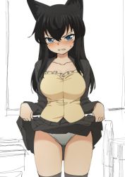 1girl animal_ears bad_id bad_twitter_id black_hair blue_eyes breasts clothes_lift kanaya_azami large_breasts lifting_own_clothes looking_at_viewer monochrome_background open_mouth panties skirt skirt_lift socks thighhighs ukagaka underwear zee_(zee_sub)