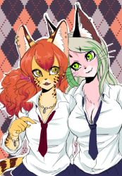 2girls artist_request cheetah furry green_eyes green_hair long_hair lynx_(species) multiple_girls red_hair school_uniform