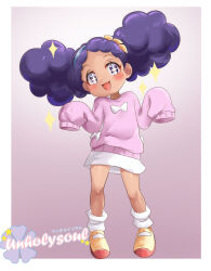 1girl artist_name blue_hairband border child creatures_(company) dark-skinned_female dark_skin dot_nose double_bun eyebrows eyelashes female_focus full_body game_freak gradient_background hair_bun hairband hands_up looking_at_viewer matching_hair/eyes medium_hair nintendo open_mouth pink_background pink_sweater pokemon pokemon_(anime) poketoon purple_eyes purple_hair shoes simple_background skirt sleeves_past_fingers sleeves_past_wrists smile socks solo standing star-shaped_pupils star_(symbol) sweater symbol-shaped_pupils unholysoul vashti_(pokemon) w_arms watermark white_border white_skirt white_socks yellow_shoes