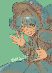 1girl :d backpack bag blue_bag blue_hair blue_hat blue_shirt blue_skirt collared_shirt frilled_shirt frills green_background green_eyes grin hair_bobbles hair_intakes hair_ornament hat highres holding holding_bag kawashiro_nitori key light_blush long_sleeves looking_at_viewer oftooon one_eye_closed open_mouth shirt short_twintails simple_background skirt skirt_set smile solo touhou twintails twitter_username waving
