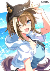 1girl absurdres animal_ears artist_name blush boc&#039;z_(umamusume) breasts brown_hair cheval_grand_(umamusume) cleavage collarbone commentary_request hair_between_eyes hair_ornament hat highres horse_ears horse_girl horse_tail jacket looking_at_viewer medium_breasts ocean official_alternate_costume one_eye_closed sparkle tail u-sukio. umamusume