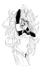 1girl android_21 arm_up armpits baggy_pants black_nails black_sclera bracelet breasts cellphone colored_sclera detached_sleeves dragon_ball dragon_ball_fighterz facing_to_the_side fenyon glasses greyscale highres holding holding_phone jewelry large_breasts long_hair looking_at_viewer majin_android_21 messy_hair midriff mirror_selfie monochrome multiple_bracelets open_mouth pants phone red_ribbon_army ring see-through_clothes shirt_partially_removed simple_background solo strapless teeth tongue tongue_out tube_top underboob upper_teeth_only very_long_hair white_background