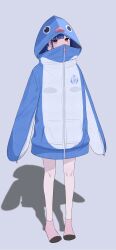 1girl absurdres animal_costume animal_hood blue_hair blush commentary full_body highres hood inaka_44 original paid_reward_available penguin_costume penguin_hood pink_socks purple_eyes shadow simple_background socks solo speech_bubble symbol-only_commentary