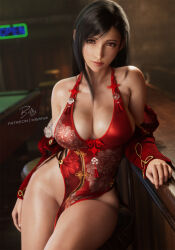 1girl 3d artist_name bare_shoulders billyhhyb black_hair breasts crimson_wings_(stellar_blade) cross-laced_clothes cross-laced_dress cross-laced_slit dress final_fantasy final_fantasy_vii highres large_breasts long_hair looking_at_viewer low-tied_long_hair red_dress sideless_dress sideless_outfit solo stellar_blade thick_thighs thighs tifa_lockhart