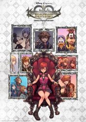 1girl aqua_(kingdom_hearts) armchair axel_(kingdom_hearts) boots bracelet chair closed_eyes copyright_name copyright_notice donald_duck goofy jewelry kairi_(kingdom_hearts) kingdom_hearts kingdom_hearts_melody_of_memory knees_together_feet_apart logo mickey_mouse namine necklace nomura_tetsuya official_art picture_frame red_hair riku_(kingdom_hearts) roxas short_hair sitting sleeveless smile solo sora_(kingdom_hearts) spiked_hair terra_(kingdom_hearts) ventus_(kingdom_hearts) xion_(kingdom_hearts)