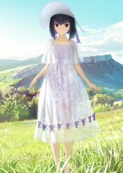 1girl arms_at_sides black_eyes black_hair blue_sky bob_cut breasts closed_mouth cloud collarbone day dress expressionless fate/grand_order fate_(series) feet_out_of_frame game_cg hat koyama_hirokazu kuonji_alice layered_dress looking_at_viewer medium_dress official_art outdoors see-through_skirt_layer short_hair sky small_breasts solo standing sun_hat sunlight third-party_source variant_set white_dress white_hat