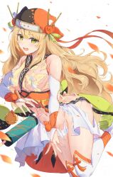 1girl bare_shoulders blonde_hair celine_(fire_emblem) celine_(ninja)_(fire_emblem) damaged detached_sleeves dress fire_emblem fire_emblem_engage fire_emblem_heroes flower green_eyes hair_ornament hair_stick highres long_hair looking_at_viewer ninja nintendo no_bra no_panties official_alternate_costume orange_flower orange_trim scroll skirt solo tassel tassel_hair_ornament thighhighs thighs torn_clothes torn_dress very_long_hair white_skirt yuuri_(orz_commushows)