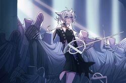 1girl animal_ears arknights black_jacket black_shirt black_skirt blue_eyes buttons chinese_commentary closed_mouth commentary_request cowboy_shot glint hair_between_eyes highres holding holding_sword holding_weapon jacket lappland_(arknights) lappland_(refined_horrormare)_(arknights) light_particles light_rays long_hair looking_at_viewer official_alternate_costume shirt skirt smile solo standing statue sword wangchuan weapon white_hair wolf_ears wolf_girl