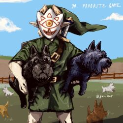 1boy animal belt blonde_hair blue_sky cowboy_shot dog facing_viewer fence grass gus_uur hat holding holding_animal holding_dog link male_focus mask mask_of_truth nintendo outdoors pointy_ears sky solo sword sword_on_back the_legend_of_zelda the_legend_of_zelda:_majora&#039;s_mask weapon weapon_on_back wooden_fence