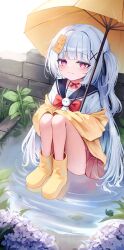 1girl absurdres blue_sailor_collar blush boots bow bowtie choker dlrkdals070707 flower grey_hair highres holding holding_umbrella jacket jacket_partially_removed long_hair looking_at_viewer ofuda original outdoors partially_submerged red_bow red_bowtie red_choker red_eyes red_skirt rubber_boots sailor_collar school_uniform shirt short_sleeves sitting skirt smile solo umbrella white_shirt yellow_jacket
