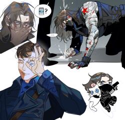 1boy 1other ? all_fours animal animal_ears belt black_belt black_bodysuit black_boots black_gloves black_mask blood blood_on_hands blue_eyes blue_jacket bodysuit boots brown_belt brown_hair bucky_barnes buttons captain_america:_the_first_avenger captain_america:_the_winter_soldier captain_america_(series) cat cat_ears cat_tail chibi clenched_hand closed_mouth commentary_request covered_mouth covering_own_mouth fingerless_gloves fingernails full_body gloves gun hand_on_own_face hand_up handgun highres holding holding_animal holding_gun holding_weapon jacket karmaho korean_commentary lapels long_sleeves looking_at_viewer looking_down male_focus marvel marvel_cinematic_universe mask military_jacket milk milk_carton mouth_mask multiple_views one_eye_closed pants pet prosthesis prosthetic_arm shoes short_hair simple_background single_glove smile speech_bubble star_(symbol) tail upper_body v-shaped_eyebrows weapon white_background white_cat winter_soldier