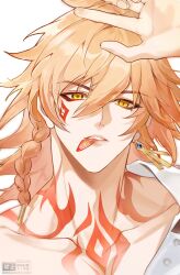 1boy blonde_hair braid collarbone earrings eyeliner facial_tattoo hair_between_eyes highres honkai:_star_rail honkai_(series) hush_(xoxo_hush) jewelry makeup male_focus mydei_(honkai:_star_rail) neck_tattoo portrait red_eyeliner red_tattoo simple_background single_earring solo tattoo white_background yellow_eyes