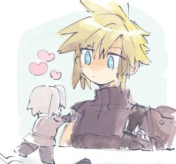 2boys armor arms_up astro_bot astro_bot_(series) black_pants black_sweater blonde_hair blue_background blue_eyes chibi closed_mouth cloud_strife commentary cosplay crossover dot_mouth facing_away final_fantasy final_fantasy_vii final_fantasy_vii_ever_crisis final_fantasy_vii_remake grey_hair heart leg_up looking_at_another looking_down male_focus mini_person miniboy motion_lines multiple_boys nishimi_zaki pants pauldrons running sephiroth sephiroth_(ever_crisis) sephiroth_(ever_crisis)_(cosplay) short_hair shoulder_armor single_pauldron size_difference sleeveless sleeveless_turtleneck spiked_hair spoken_heart sweater symbol-only_commentary turtleneck turtleneck_sweater yaoi
