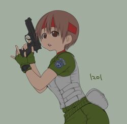 Rule 34 | 1girl, artist request, beretta 92, brown hair, fingerless gloves, gloves, gun, handgun, headband, holding, holding gun, holding weapon, open mouth, rebecca chambers, red headband, resident evil, resident evil 1, short hair, simple background, solo, watch, weapon