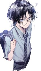 Rule 34 | 1boy, 5656hayururi, absurdres, alternate costume, bag, bespectacled, black-framed eyewear, black hair, blue bag, blunt bangs, bright pupils, collared shirt, contemporary, eyelashes, eyeliner, eyeshadow, from above, furrowed brow, genshin impact, glasses, grey hair, grey shirt, grey sleeves, hand up, highres, holding, holding bag, looking at viewer, makeup, male focus, messy hair, multicolored hair, necktie, pants, parted bangs, parted lips, plaid clothes, plaid pants, purple eyes, red eyeliner, red eyeshadow, round eyewear, scaramouche (genshin impact), school bag, school uniform, shirt, short sleeves, shoulder bag, solo, squiggle, streaked hair, striped necktie, sweat, tsurime, watermark, white background, white mouth, white pupils
