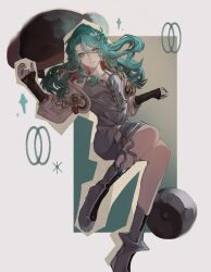 1girl bare_shoulders blue_hair boots dress floating_hair full_body green_eyes grey_boots grey_dress hand_up highres hissabeth jacket jumping long_hair planet reverse:1999 short_dress sleeveless sleeveless_dress snake snake_on_head solo spaghetti_strap white_jacket yanju_bohe