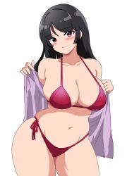 Rule 34 | 1girl, aged up, bikini, black hair, blush, breasts, brown eyes, cleavage, commentary request, contrapposto, creatures (company), game freak, highres, kinako mochi (pixiv100419090), large breasts, long hair, navel, nintendo, nose blush, pokemon, pokemon frlg, purple shirt, red bikini, sabrina (pokemon), shirt, side-tie bikini bottom, smile, solo, swimsuit, undressing, white background