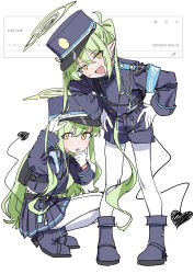 2girls absurdres black_hat black_shirt black_shoes black_shorts black_skirt blue_archive boots demon_tail fang full_body garrison_cap gloves green_hair green_halo halo hands_on_own_hips haruyuki_(gffewuoutgblubh) hat highres hikari_(blue_archive) long_hair looking_at_viewer multiple_girls nozomi_(blue_archive) open_mouth pantyhose pleated_skirt pointy_ears shirt shoes shorts skin_fang skirt squatting tail twintails very_long_hair white_gloves white_pantyhose yellow_eyes