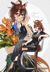 1girl absurdres agnes_tachyon_(umamusume) animal_ears belt black_belt black_dress black_shoes bouquet chair character_name closed_mouth commentary_request crossed_legs double-parted_bangs dress flower flower_request hair_between_eyes hair_ornament hairclip hand_on_own_thigh high_heels highres holding holding_bouquet horse_ears horse_girl horse_tail jewelry lifting_another&#039;s_clothes long_dress long_hair mogyus necklace on_chair parted_lips ponytail red_eyes shoes short_ponytail short_sleeves sitting smile solo tail umamusume