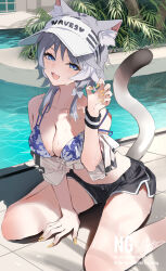 1girl :d alternate_costume animal_ear_fluff animal_ears bare_shoulders bikini black_shorts blue_bikini blue_eyes blush breasts cat_ears cat_girl cat_tail cipher_(honkai:_star_rail) cleavage collarbone grey_hair hand_up highres honkai:_star_rail honkai_(series) large_breasts medium_hair motto_(night_wear) open_mouth pool short_shorts shorts sitting sketch smile solo swimsuit tail thighs unfinished visor_cap wariza water white_visor yellow_nails