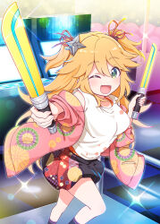 Rule 34 | 1girl, ;d, black skirt, blonde hair, blush, breasts, commentary request, couch, dual wielding, floral print, green eyes, hair between eyes, hair ribbon, harada (sansei rain), highres, holding, jacket, long hair, long sleeves, looking at viewer, medium breasts, ninon (princess connect!), one eye closed, open clothes, open jacket, open mouth, pink jacket, pink ribbon, princess connect!, print jacket, print shirt, puffy long sleeves, puffy sleeves, ribbon, shirt, shuriken hair ornament, skirt, smile, solo, two side up, very long hair, white shirt