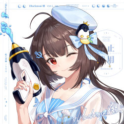 1girl ahoge alternate_costume beret bird blush bow breasts brown_hair chinese_text chitang_hui_biancheng_pangdun closed_mouth collarbone commission english_text hair_ornament hat highres holding indie_virtual_youtuber long_hair looking_at_viewer one_eye_closed red_eyes sailor_collar see-through_clothes shell smile solo swimsuit upper_body water_gun yousa